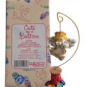 VTG Enesco Cute As Button Mary Rhyner Flying Angel Sewing Spools Thread Ornament